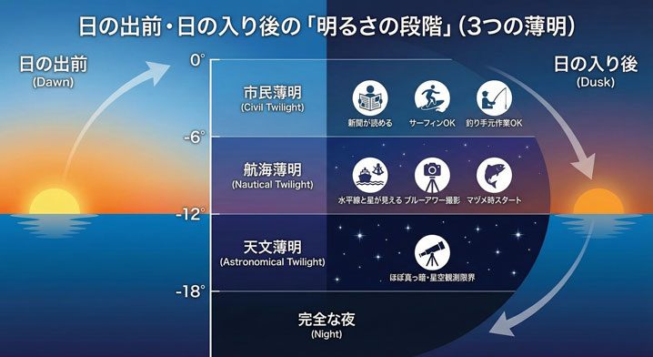 日の出前・日の入り後の「明るさの段階」(3つの薄明)