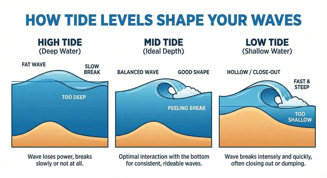 Illustration comparing how High, Mid, and Low tides affect wave shapes.