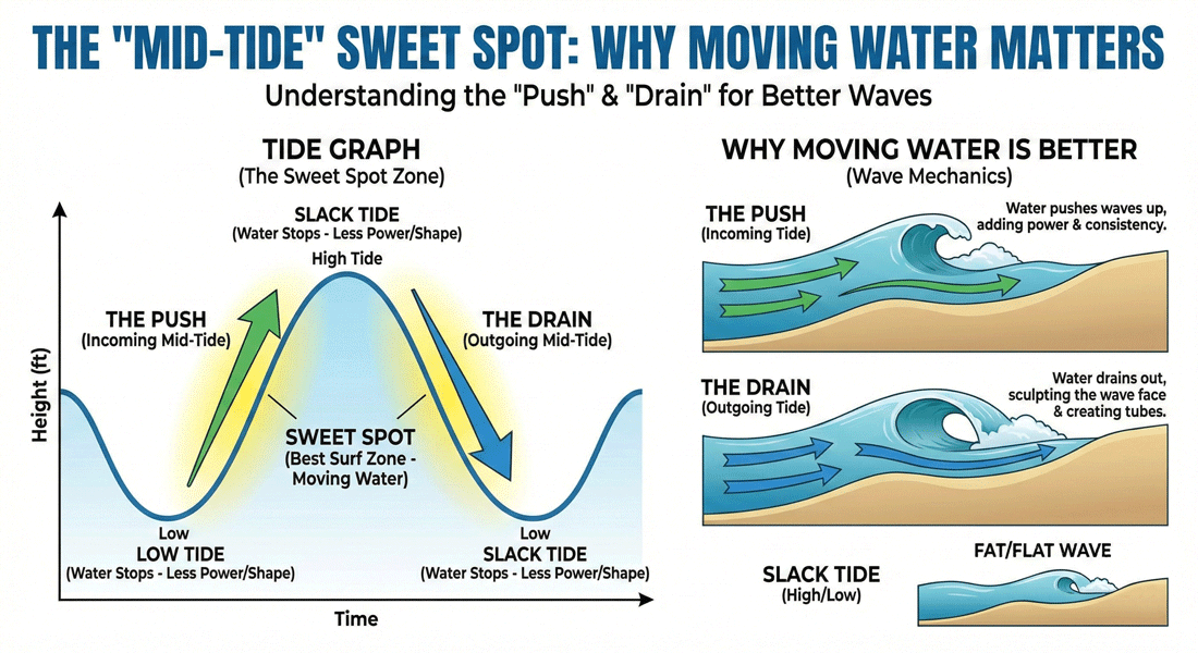 Diagram showing the Push and Drain - the best time to surf during a moving tide.